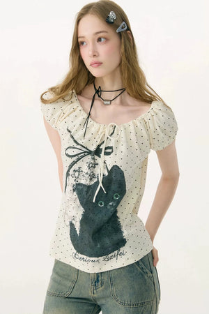 White Cat Print Off-Shoulder T-Shirt