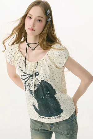 White Cat Print Off-Shoulder T-Shirt