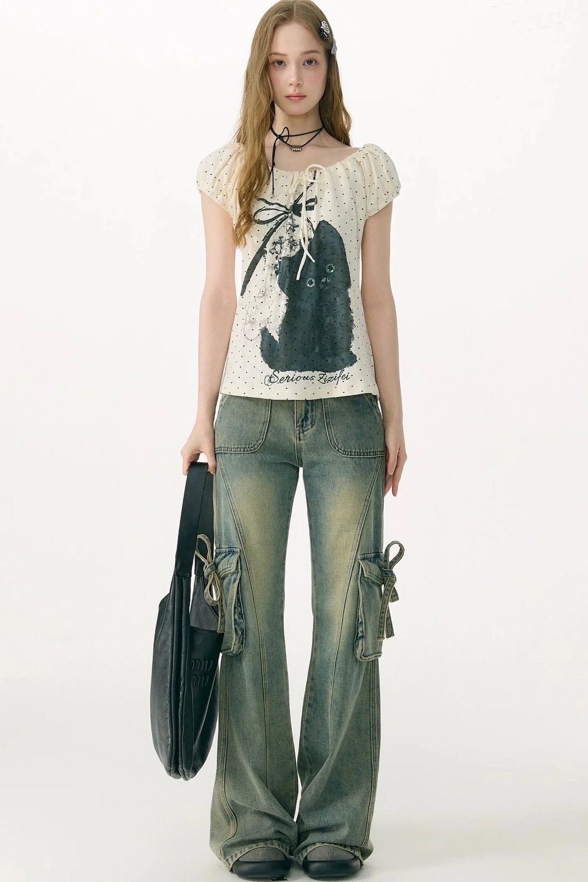 White Cat Print Off-Shoulder T-Shirt