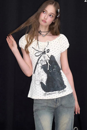 White Cat Print Off-Shoulder T-Shirt