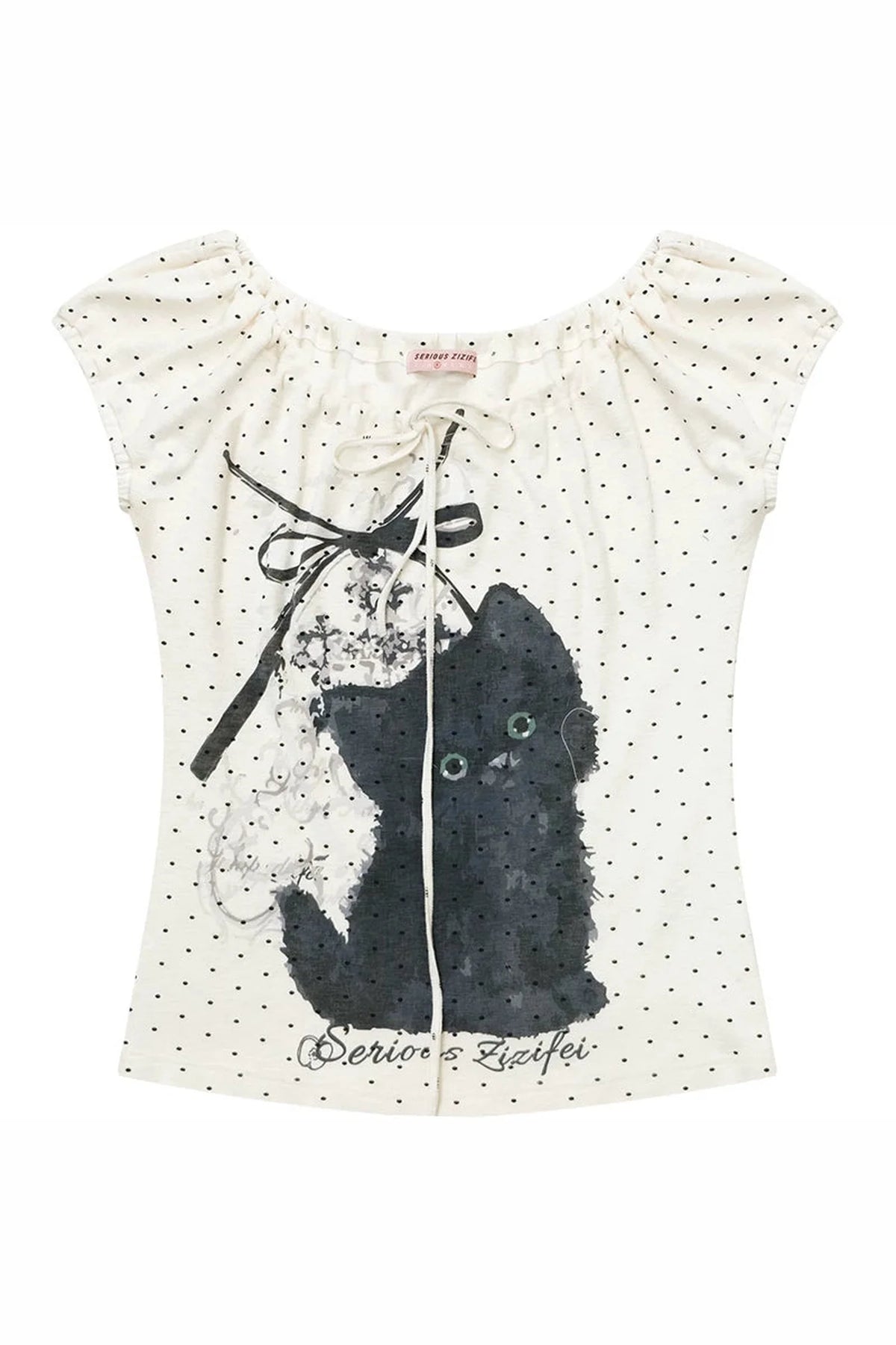 White Cat Print Off-Shoulder T-Shirt