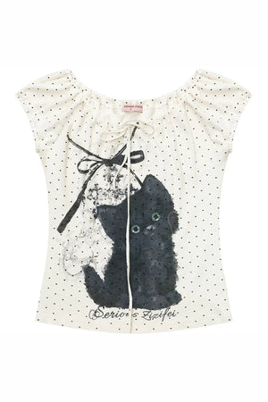 White Cat Print Off-Shoulder T-Shirt