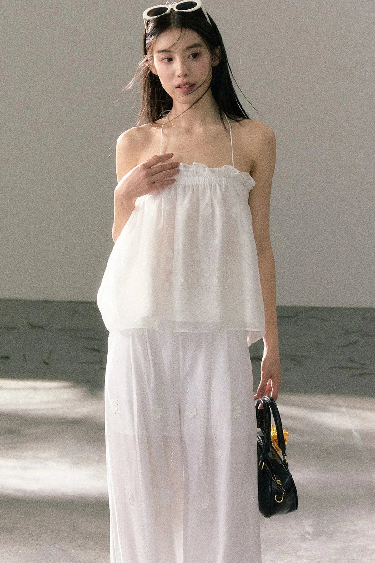 White Chiffon Lace Halter Top Set-Up