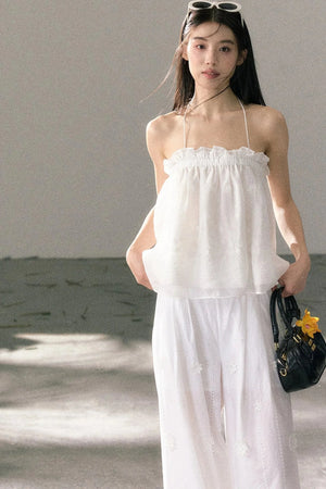 White Chiffon Lace Halter Top Set-Up