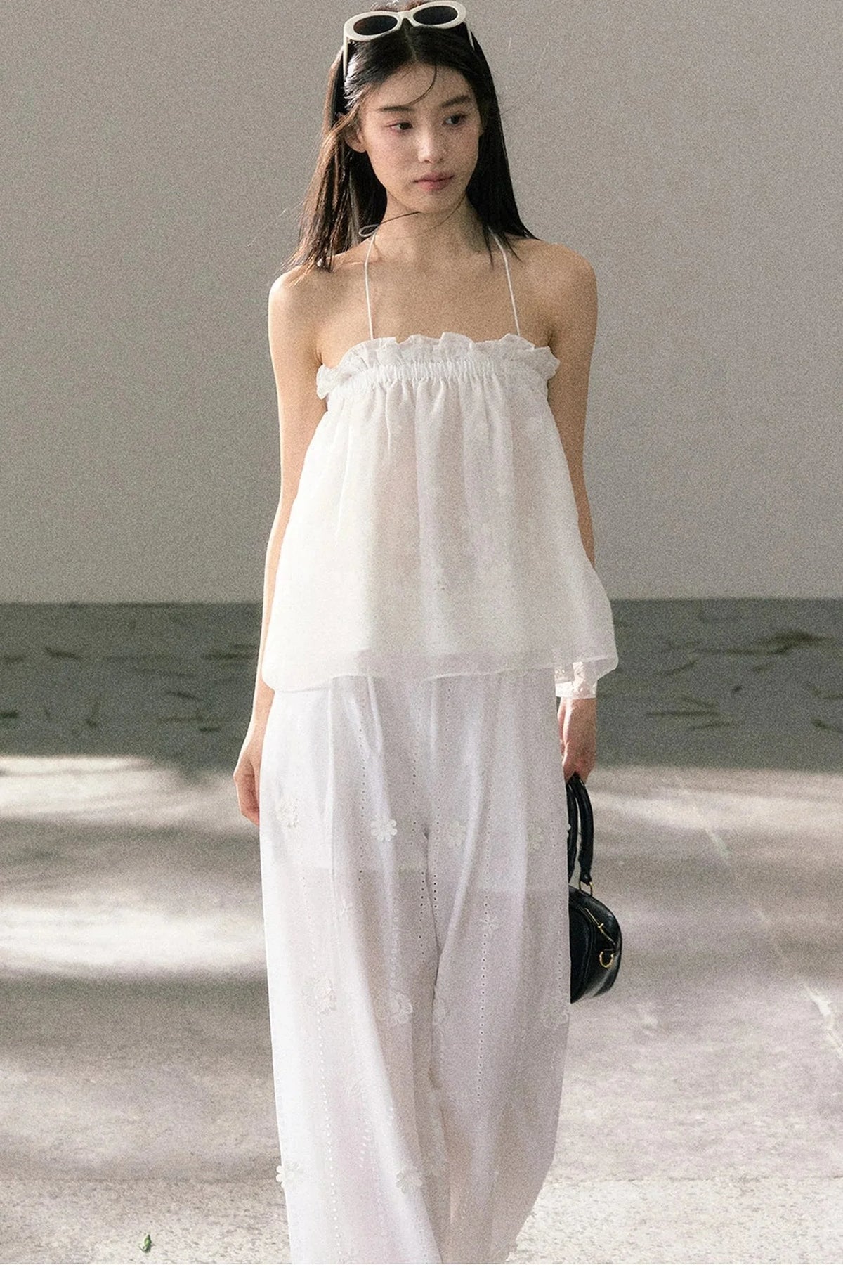 White Chiffon Lace Halter Top Set-Up