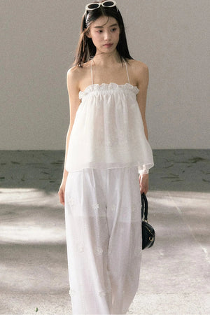 White Chiffon Lace Halter Top Set-Up