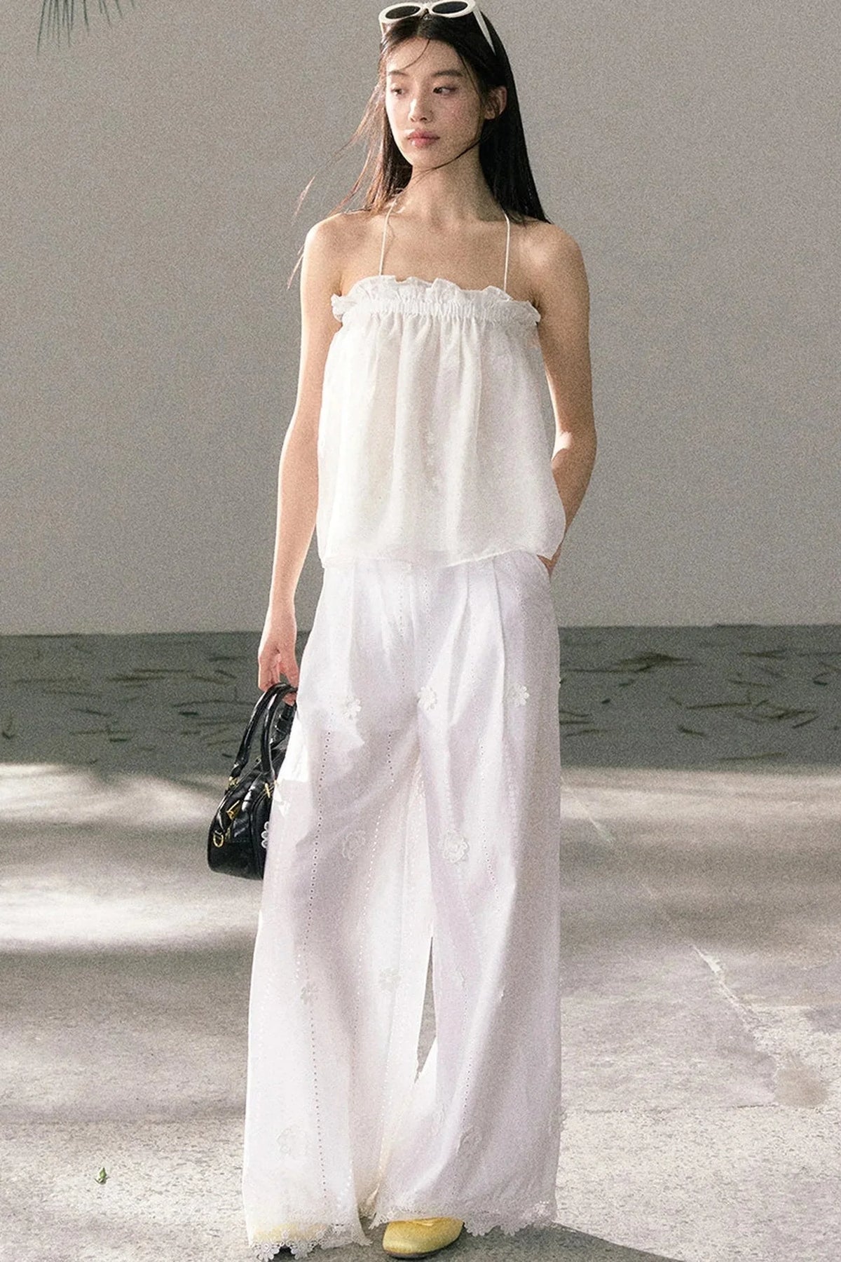 White Chiffon Lace Halter Top Set-Up