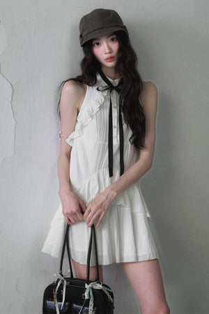 White Collar Bowknot Ruffle Sleeveless Tank Dress