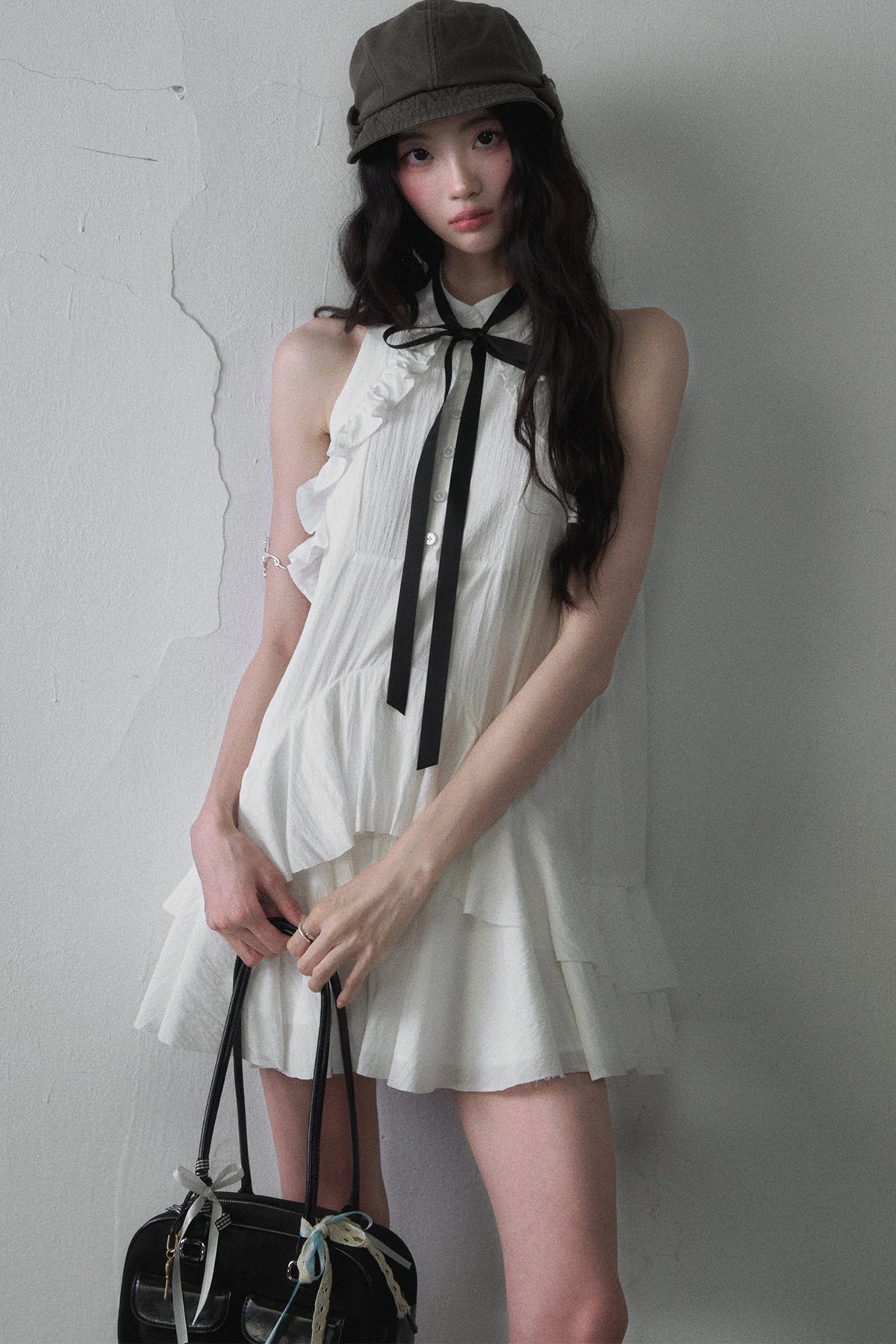 White Collar Bowknot Ruffle Sleeveless Tank Dress