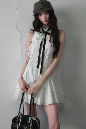 White Collar Bowknot Ruffle Sleeveless Tank Dress