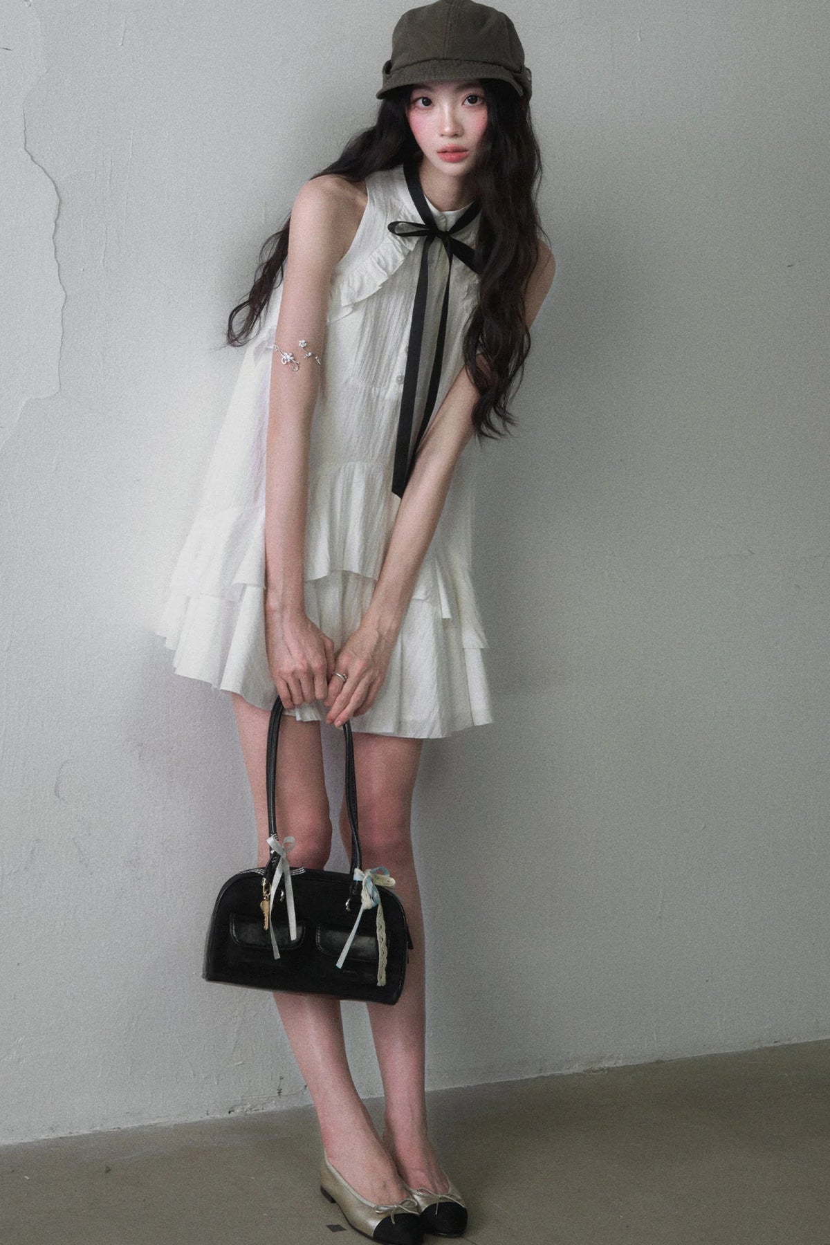 White Collar Bowknot Ruffle Sleeveless Tank Dress