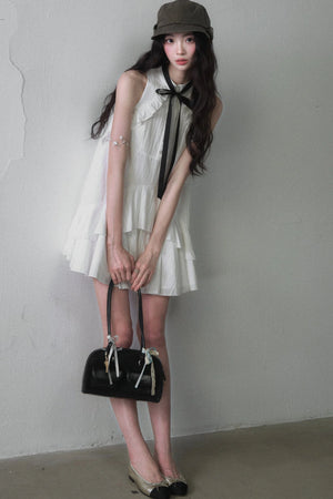 White Collar Bowknot Ruffle Sleeveless Tank Dress