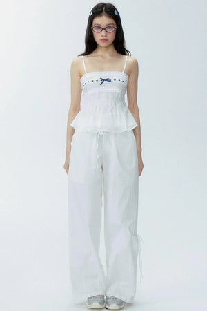 White Drawstring Wide-Leg Pants