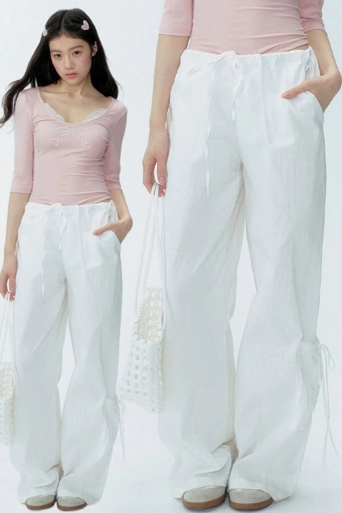 White Drawstring Wide-Leg Pants