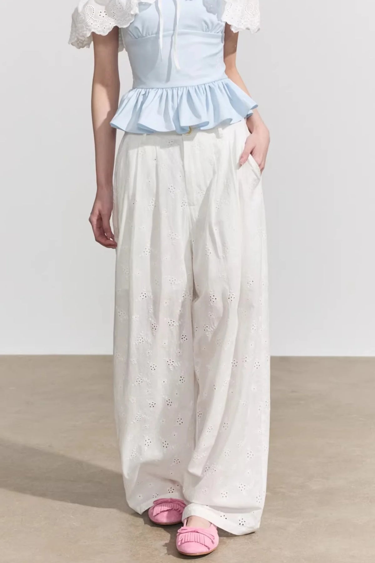 White Floral Cotton Pants