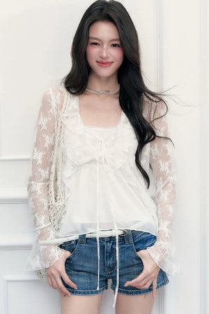 White Floral Lace Camisole Cardigan Set-Up
