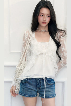 White Floral Lace Camisole Cardigan Set-Up