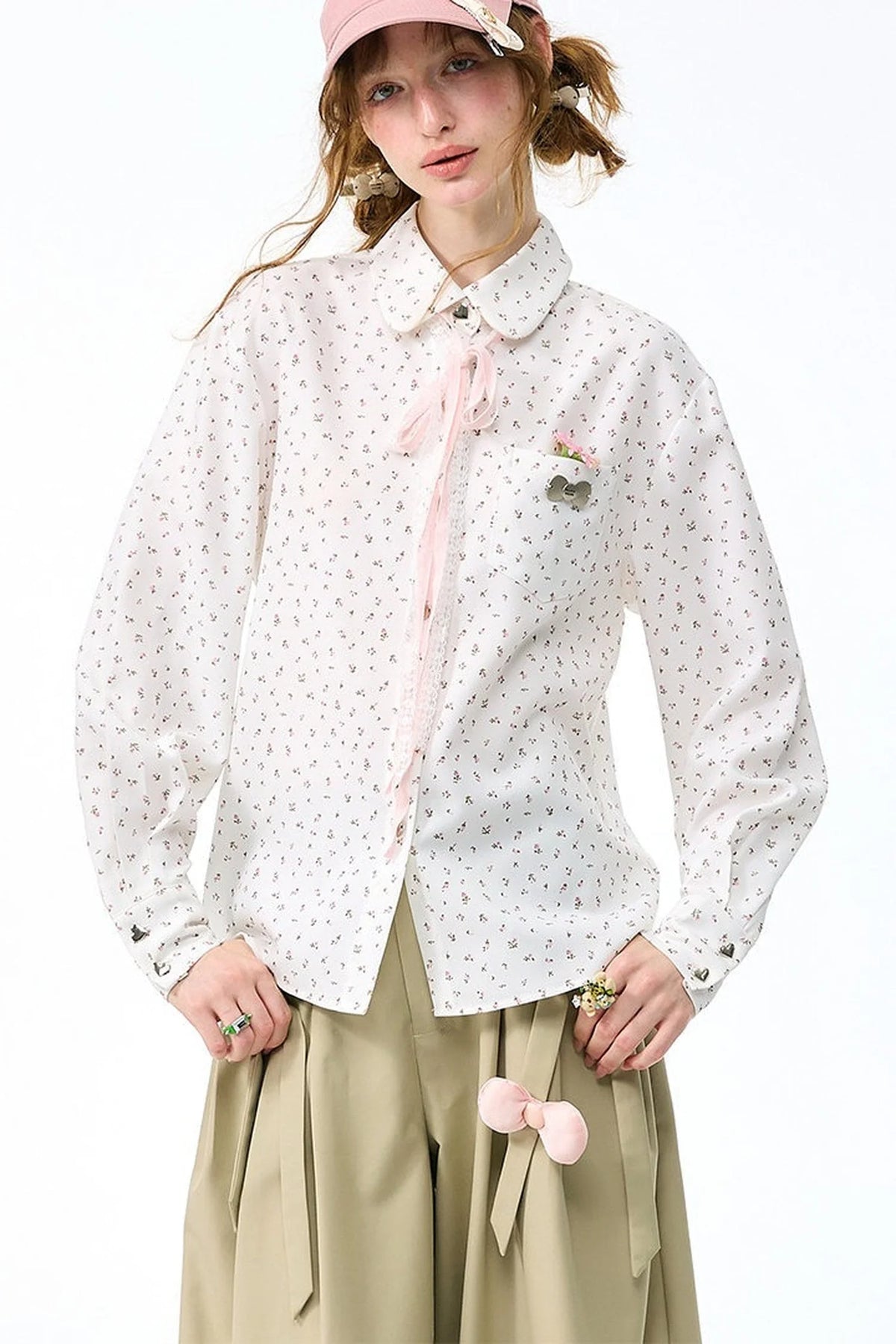 White Floral Lace-Up Doll Collar Blouse
