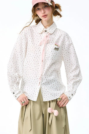 White Floral Lace-Up Doll Collar Blouse