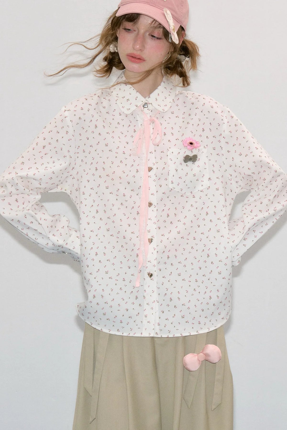 White Floral Lace-Up Doll Collar Blouse