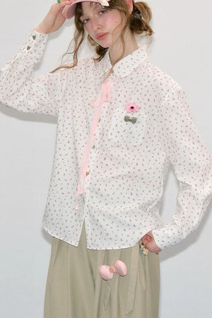 White Floral Lace-Up Doll Collar Blouse
