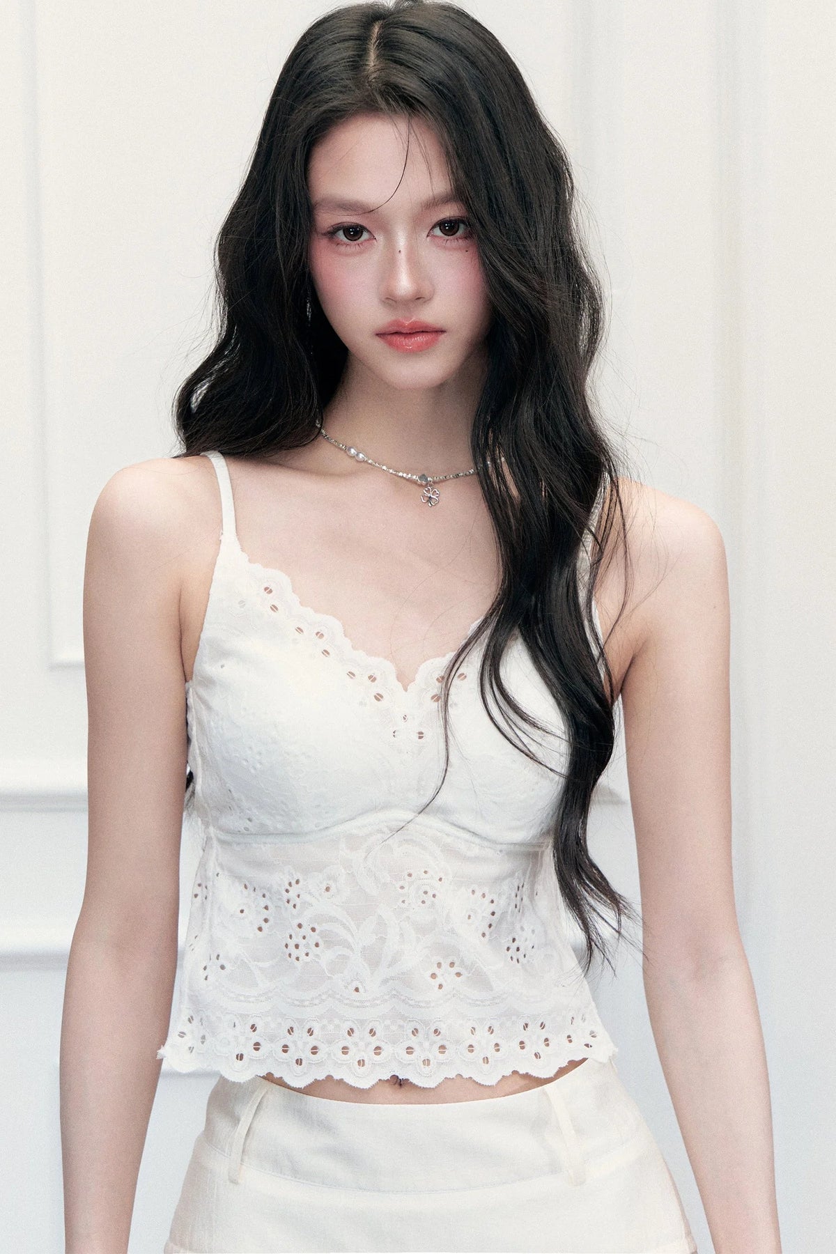 White French Hollow Embroidery V-Neck Camisole