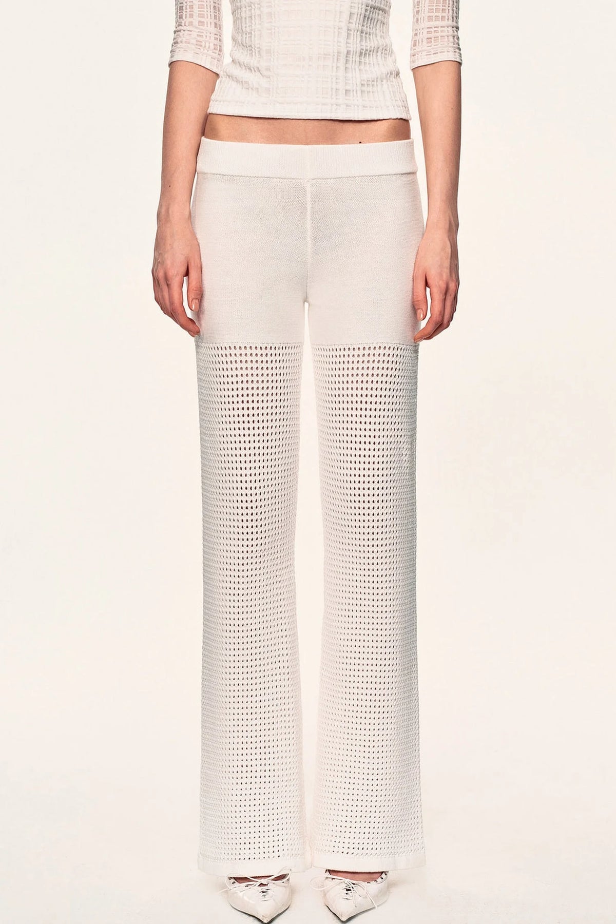 White Hollow-Out Mesh Crochet Straight Pants