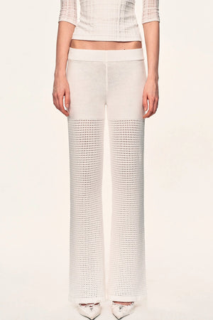 White Hollow-Out Mesh Crochet Straight Pants