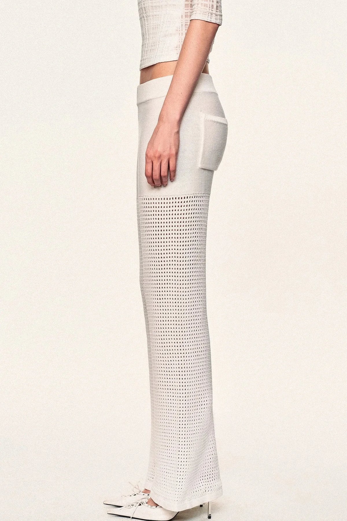 White Hollow-Out Mesh Crochet Straight Pants