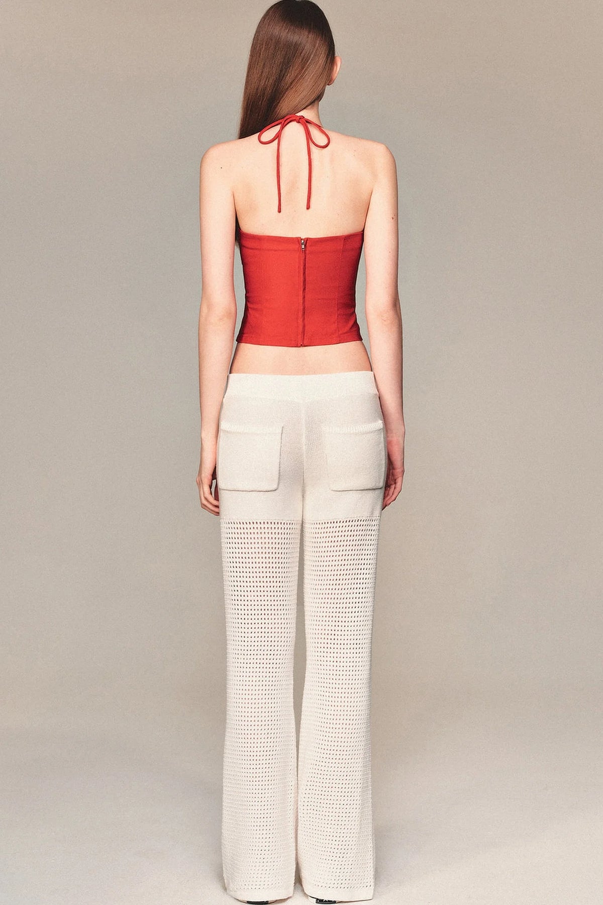 White Hollow-Out Mesh Crochet Straight Pants