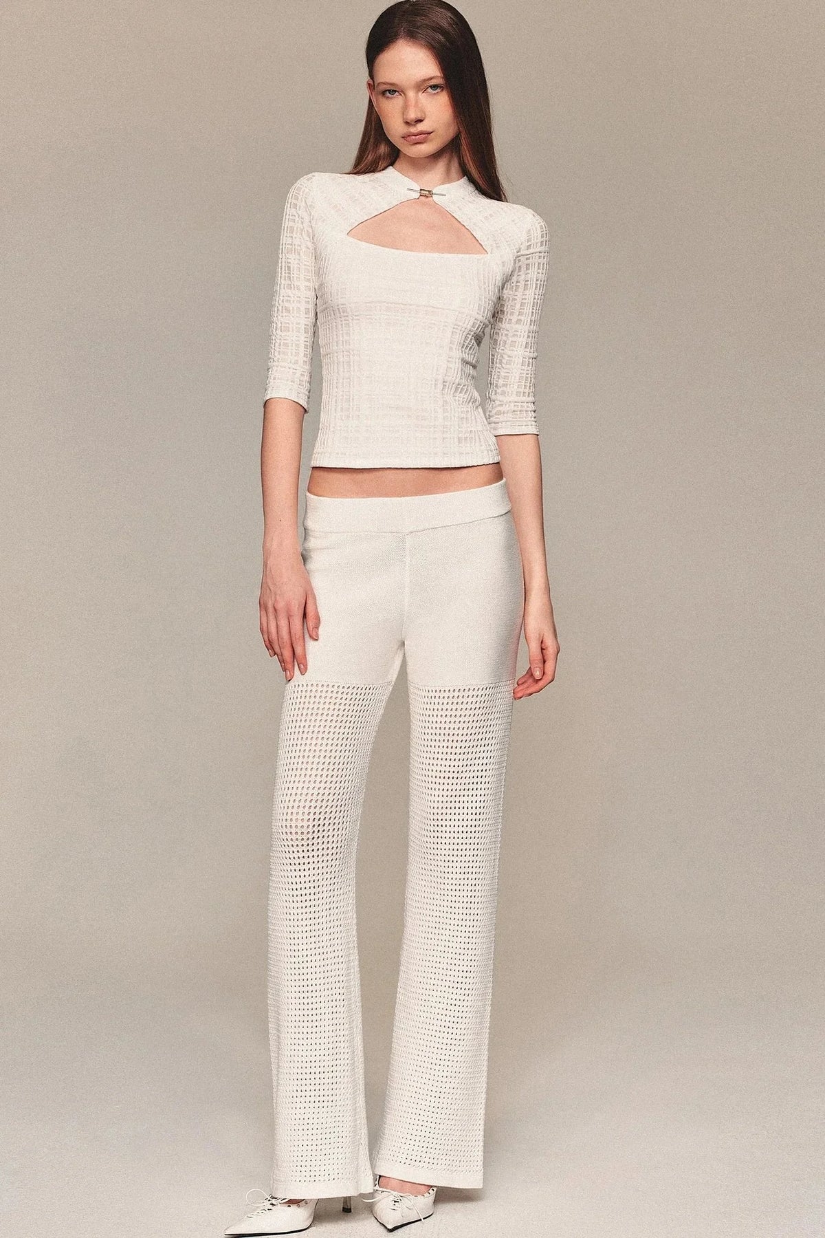 White Hollow-Out Mesh Crochet Straight Pants