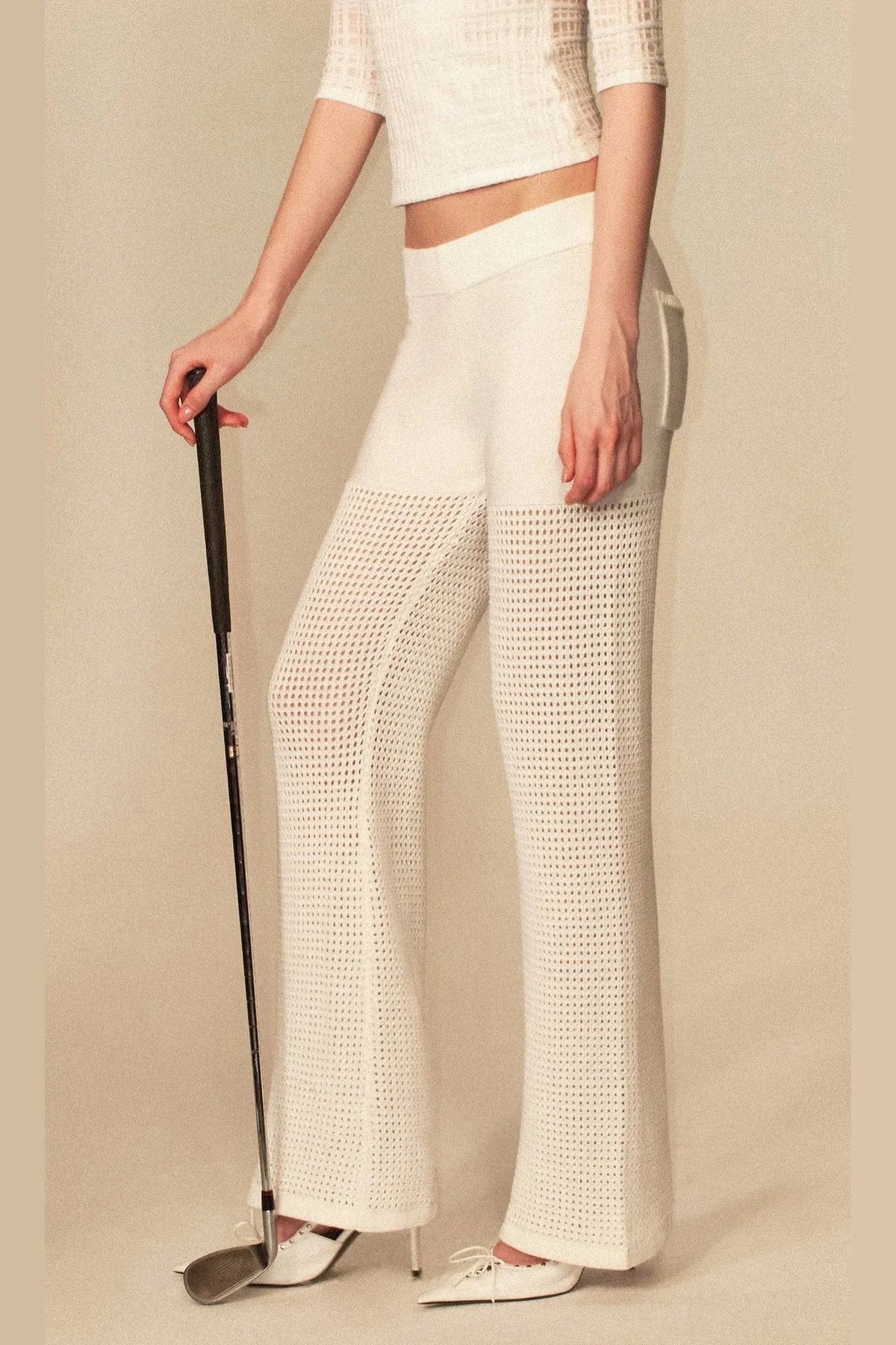 White Hollow-Out Mesh Crochet Straight Pants