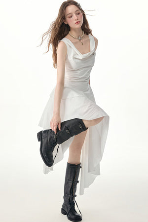 White Irregular Hem Cowl Neck Dress