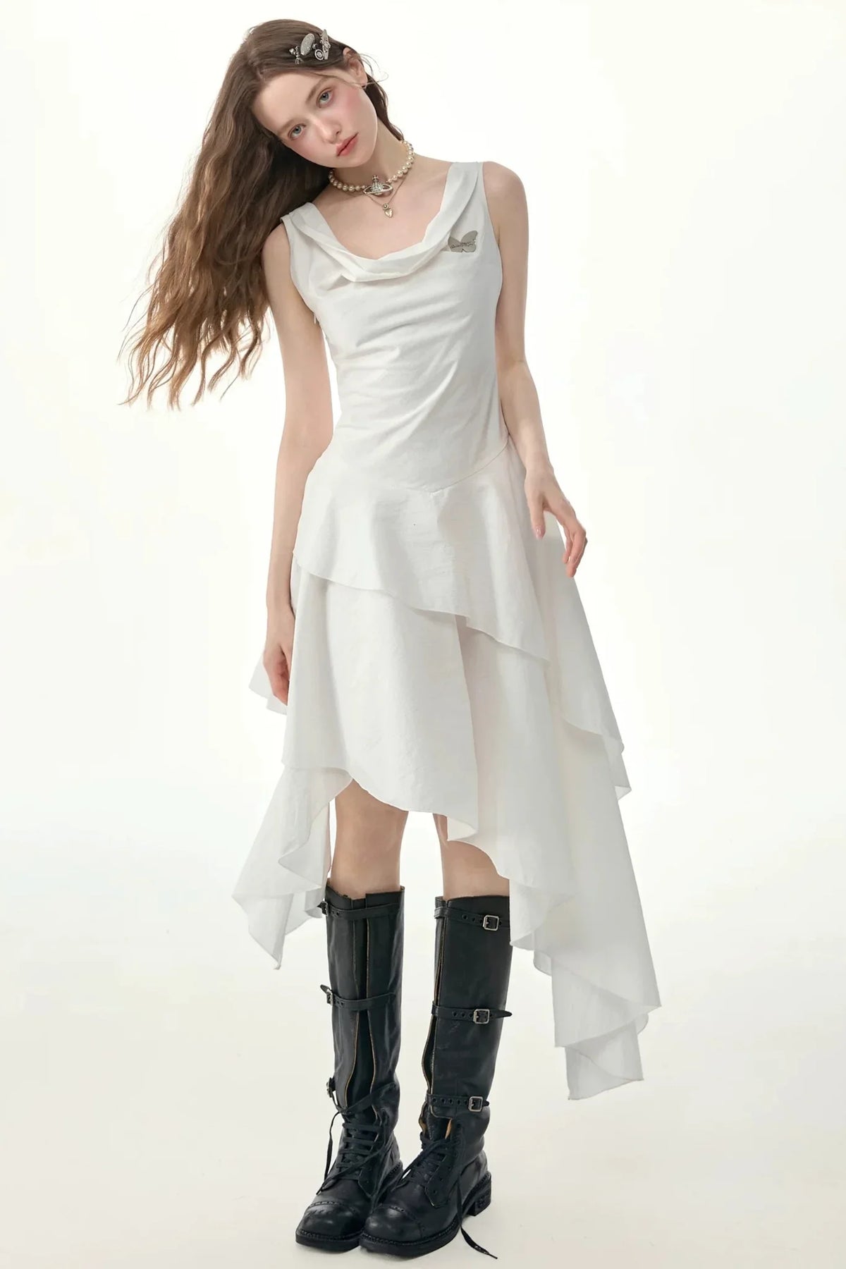White Irregular Hem Cowl Neck Dress