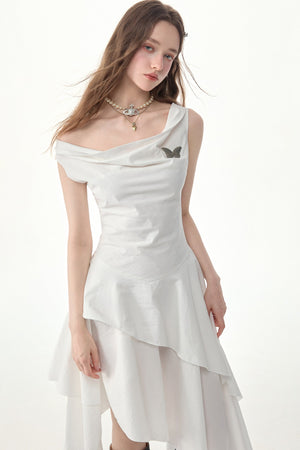 White Irregular Hem Cowl Neck Dress