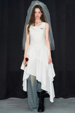 White Irregular Hem Cowl Neck Dress