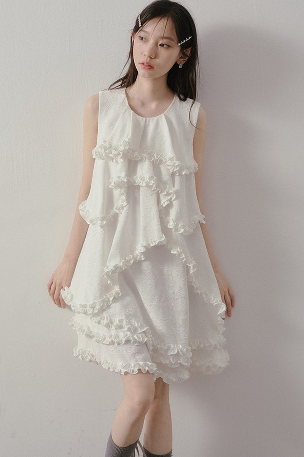 White Irregular Ruffle Dress