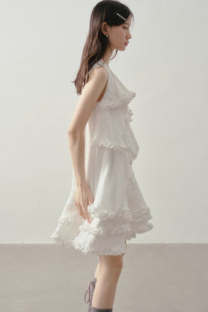 White Irregular Ruffle Dress