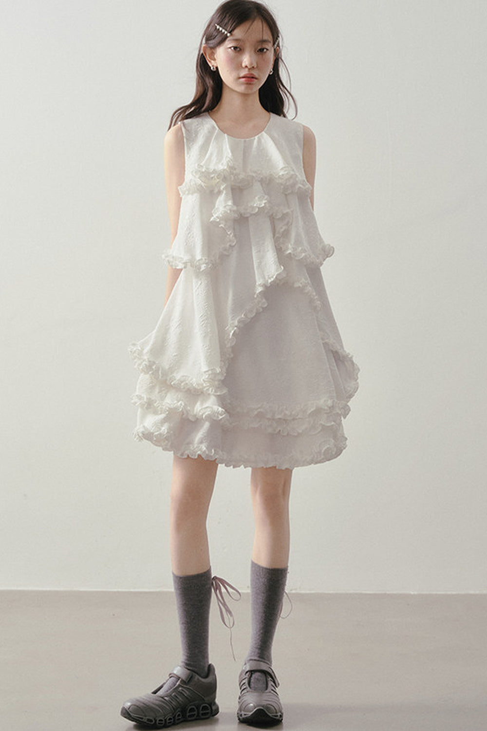 White Irregular Ruffle Dress