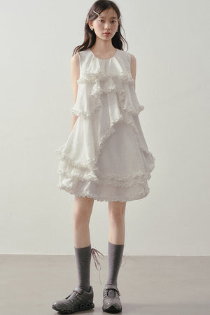 White Irregular Ruffle Dress