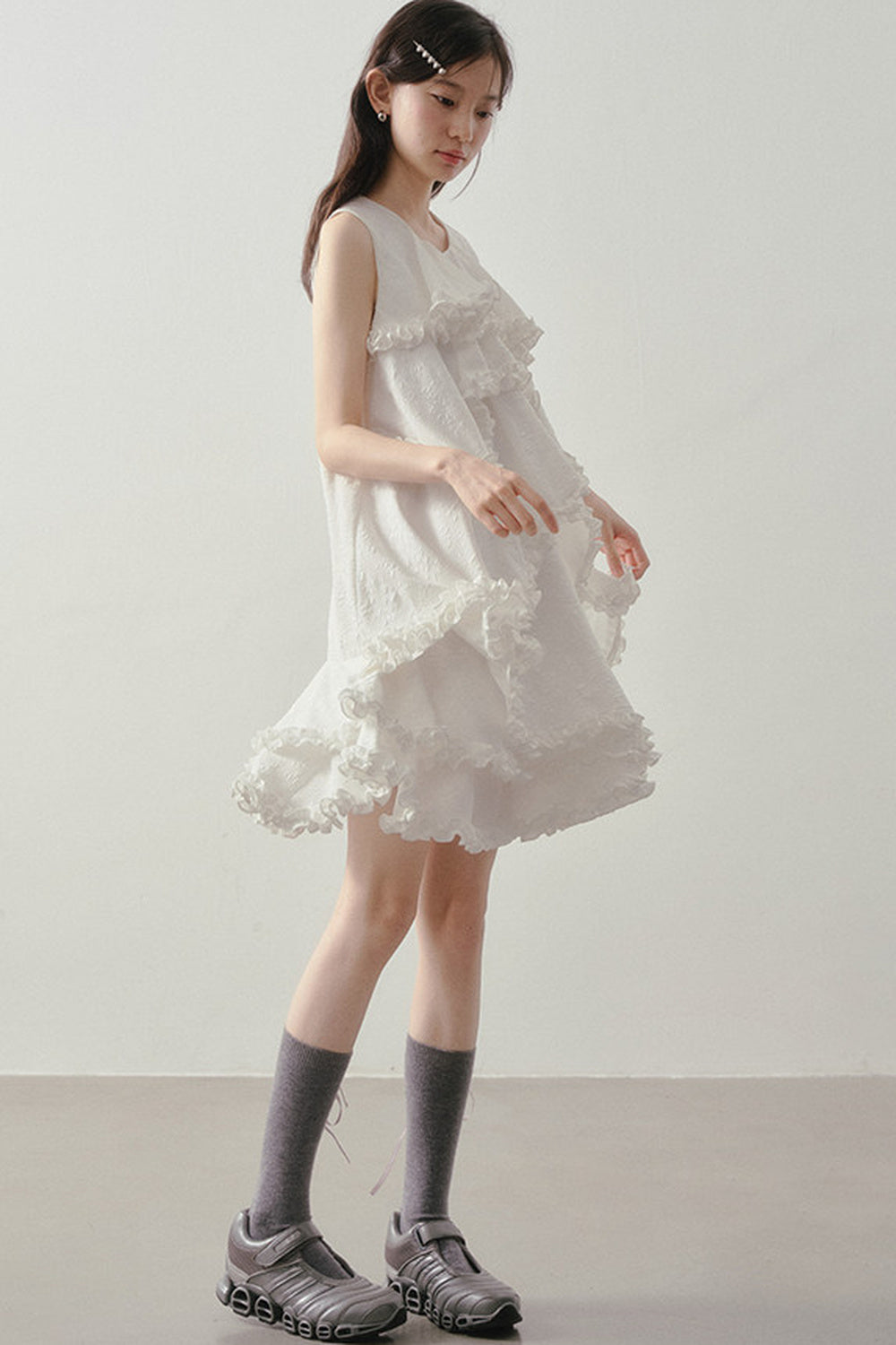 White Irregular Ruffle Dress