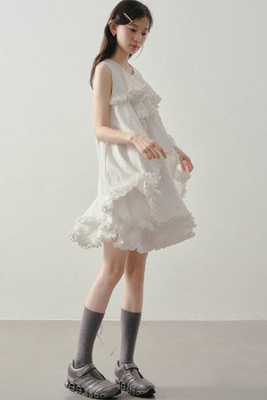 White Irregular Ruffle Dress