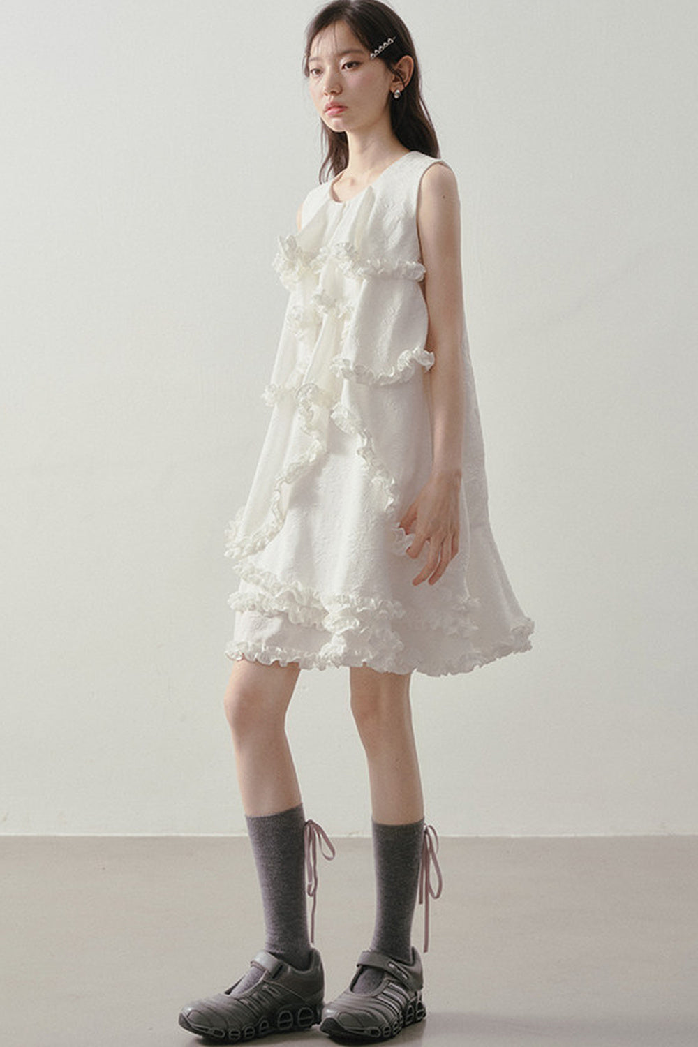 White Irregular Ruffle Dress
