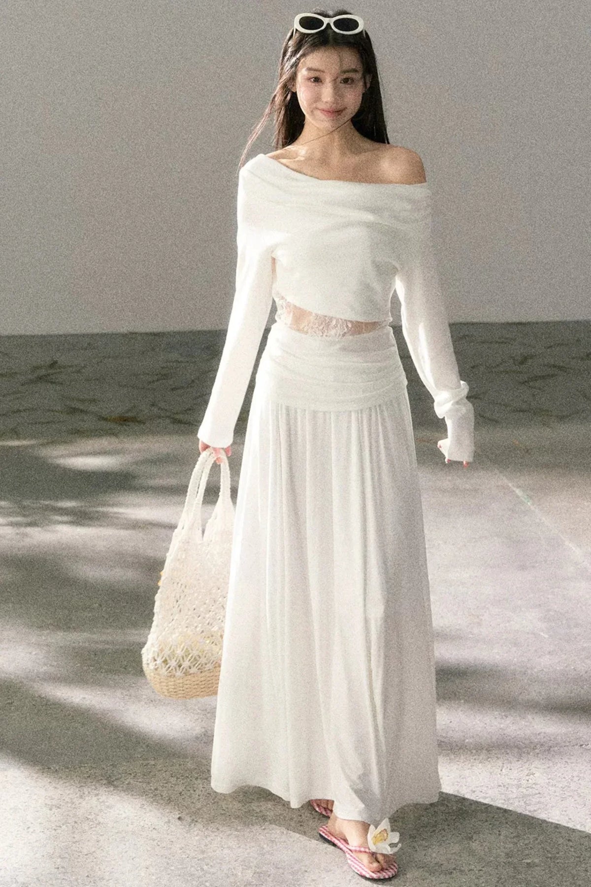 White Lace Cutout Draped Top Set-Up