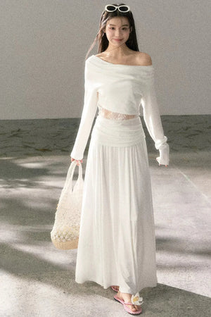 White Lace Cutout Draped Top Set-Up