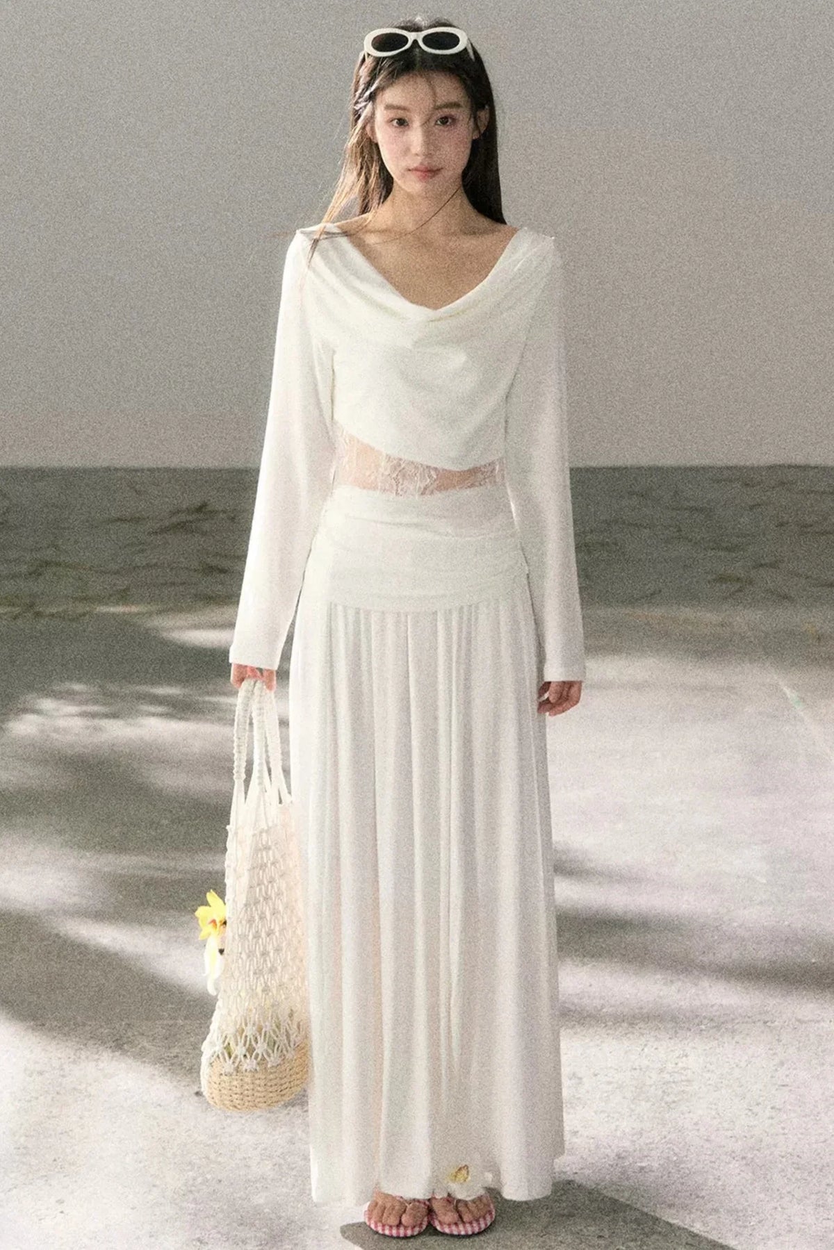 White Lace Cutout Draped Top Set-Up