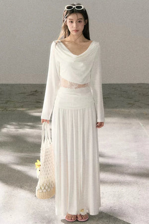 White Lace Cutout Draped Top Set-Up