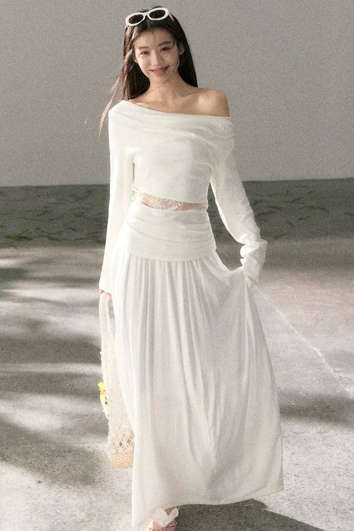 White Lace Cutout Draped Top Set-Up