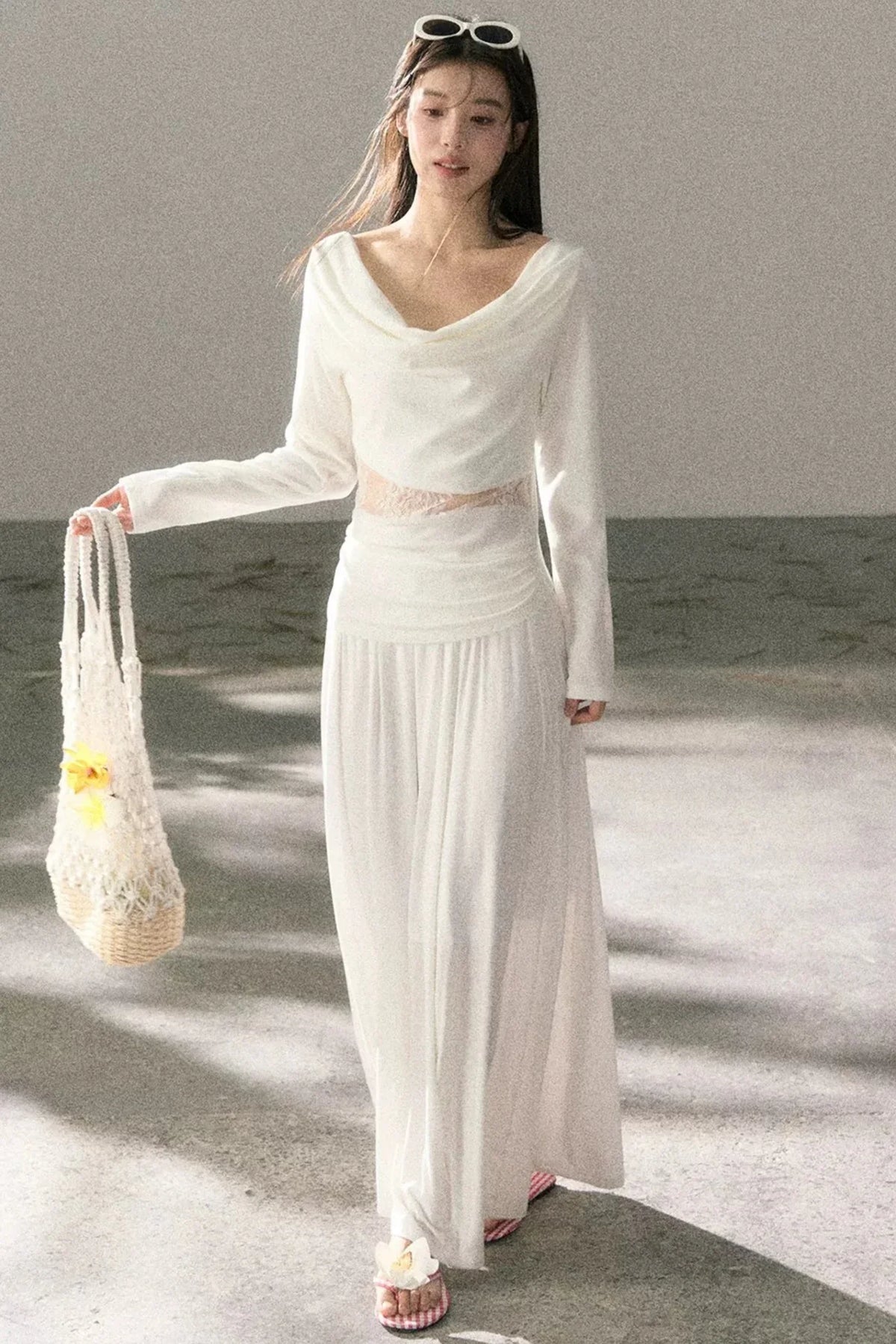 White Lace Cutout Draped Top Set-Up
