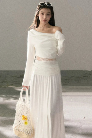 White Lace Cutout Draped Top Set-Up